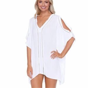 Raisins Samba Ladder Trim Split Sleeve Swim Caftan cover up white - 2XL